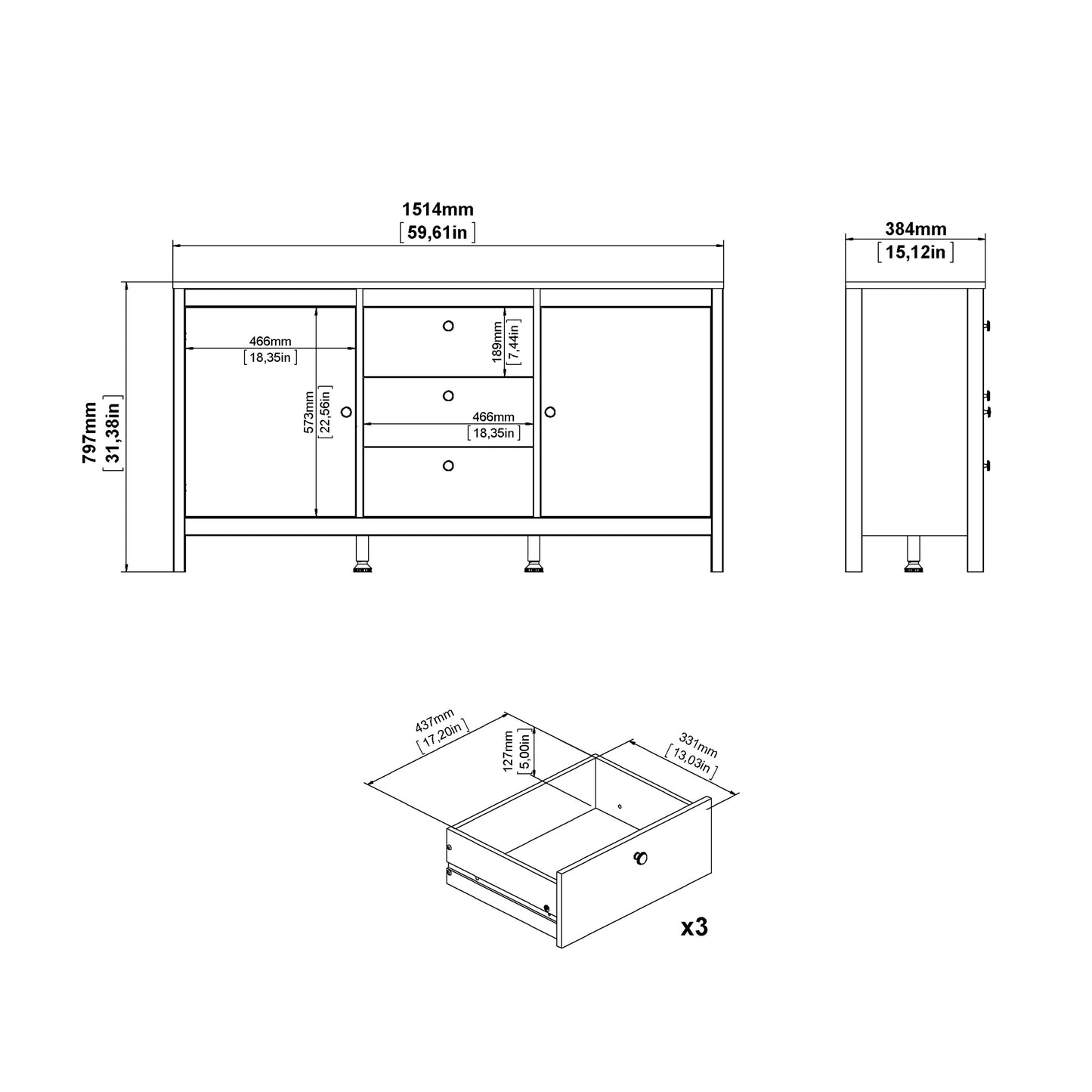 Barcelona Sideboard 2 doors + 3 drawers  in Matt Black