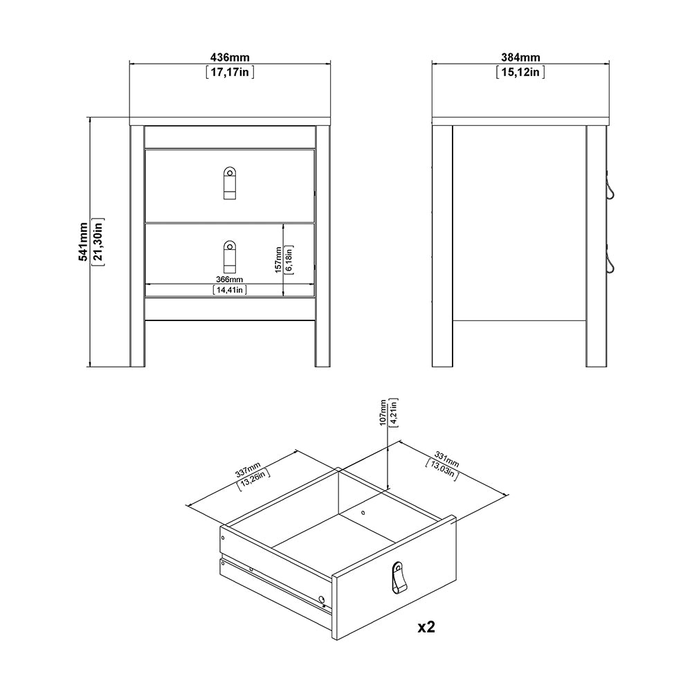 Madrid 3 Piece Bundle, Bedside, Chest and 2 Door Wardrobe in White