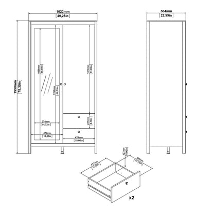 Madrid Wardrobe with 1 door + 1 mirror door + 2 drawers White