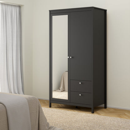 Madrid Wardrobe with 1 door + 1 mirror door + 2 drawers Matt Black