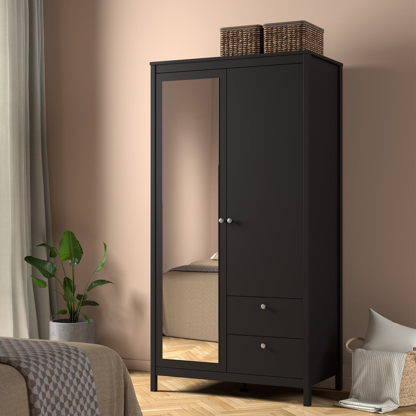 Madrid Wardrobe with 1 door + 1 mirror door + 2 drawers Matt Black