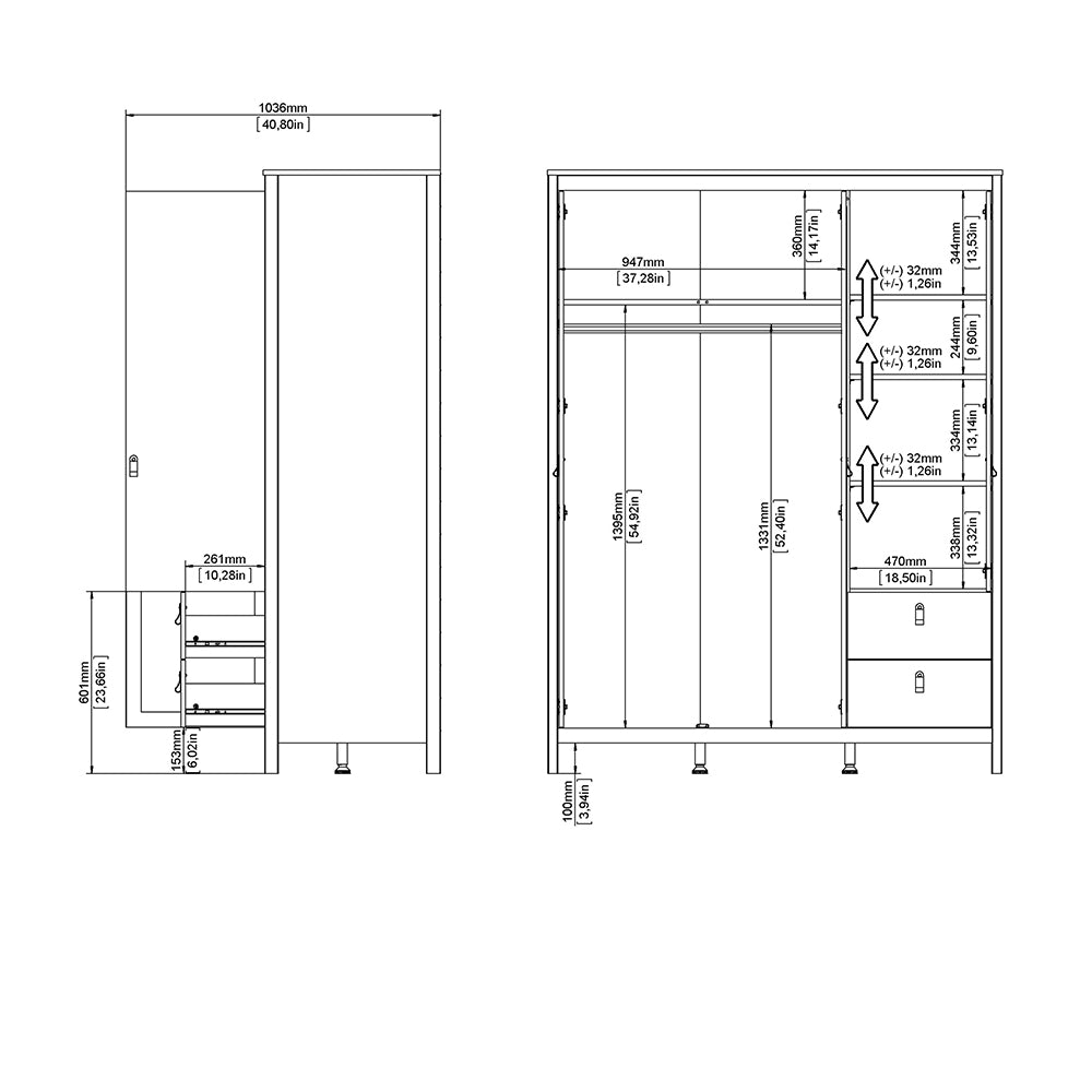 Madrid Wardrobe with 2 doors + 1 mirror door + 2 drawers White