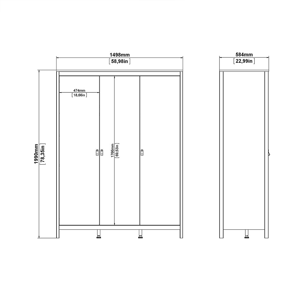 Madrid Wardrobe with 3 doors in Matt Black