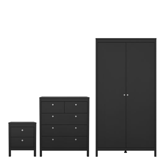 Madrid 3 Piece Bundle, Bedside, Chest and 2 Door Wardrobe in Matt Black