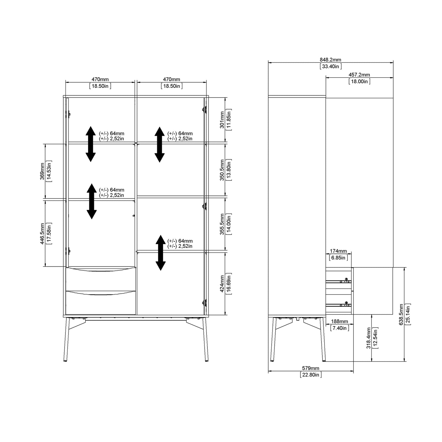 Fur China Cabinet 1 Door + 1 Glass Door + 2 Drawers in Grey and White