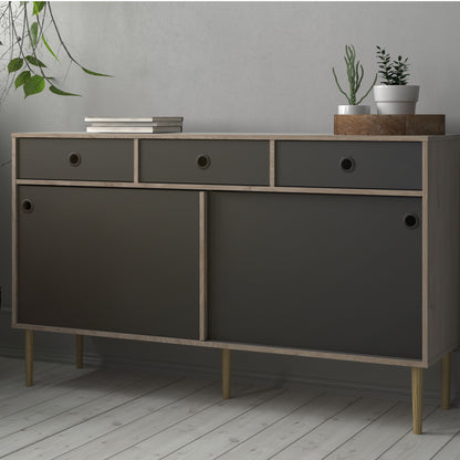 Rome Sideboard 2 Sliding Doors + 3 Drawers in Jackson Hickory Oak and Matt Black