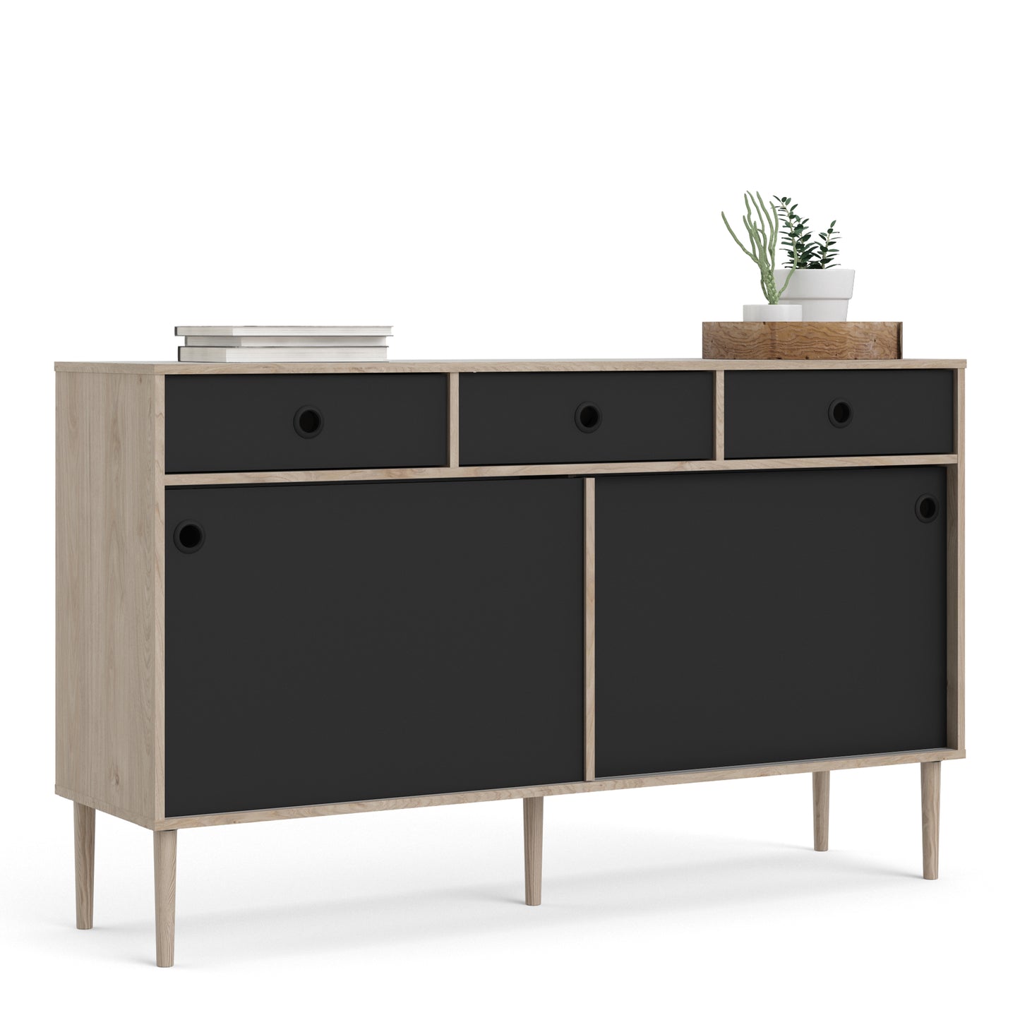 Rome Sideboard 2 Sliding Doors + 3 Drawers in Jackson Hickory Oak and Matt Black