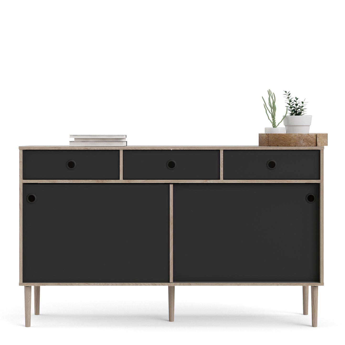 Rome Sideboard 2 Sliding Doors + 3 Drawers in Jackson Hickory Oak and Matt Black