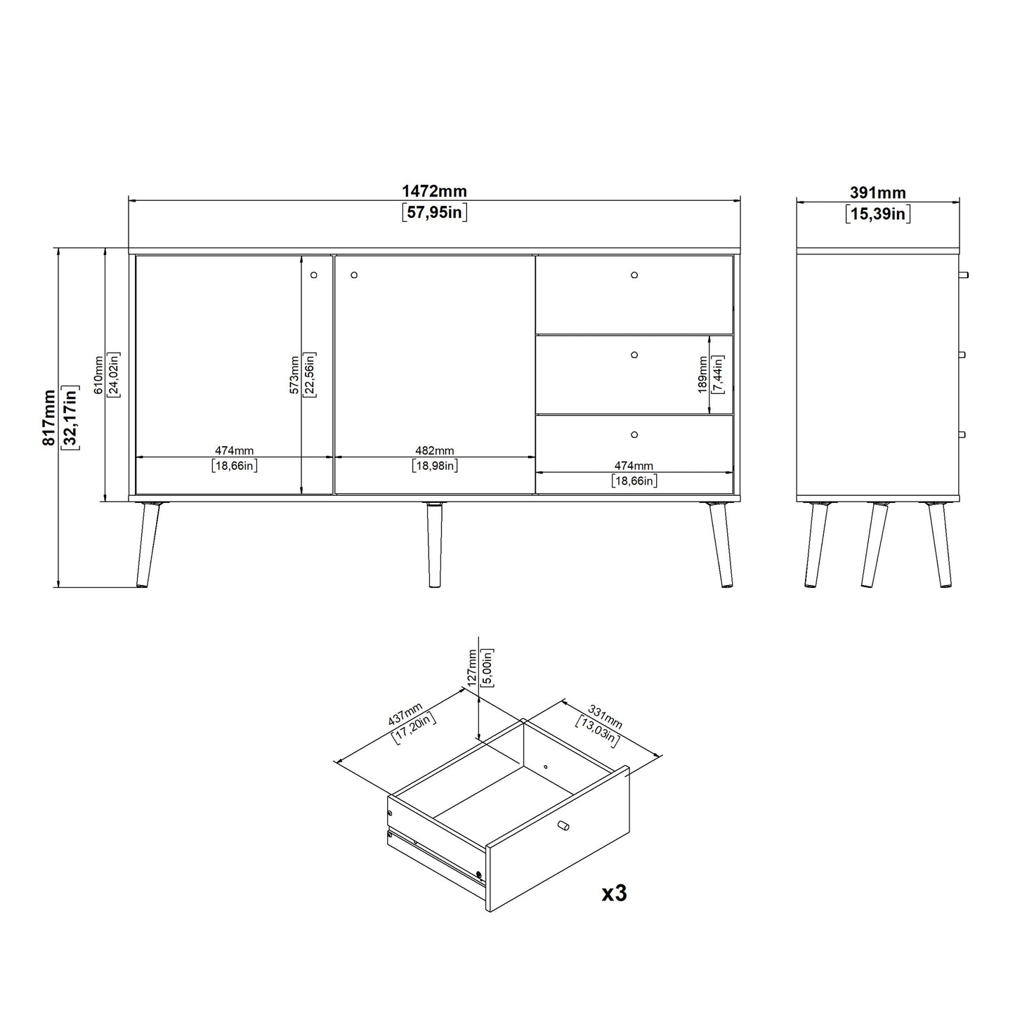 Cumbria Sideboard 2 Doors + 3 Drawers White