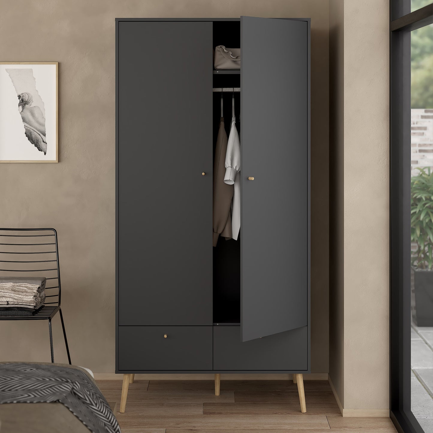 Cumbria Wardrobe with 2 Doors + 2 Drawers Dark Grey