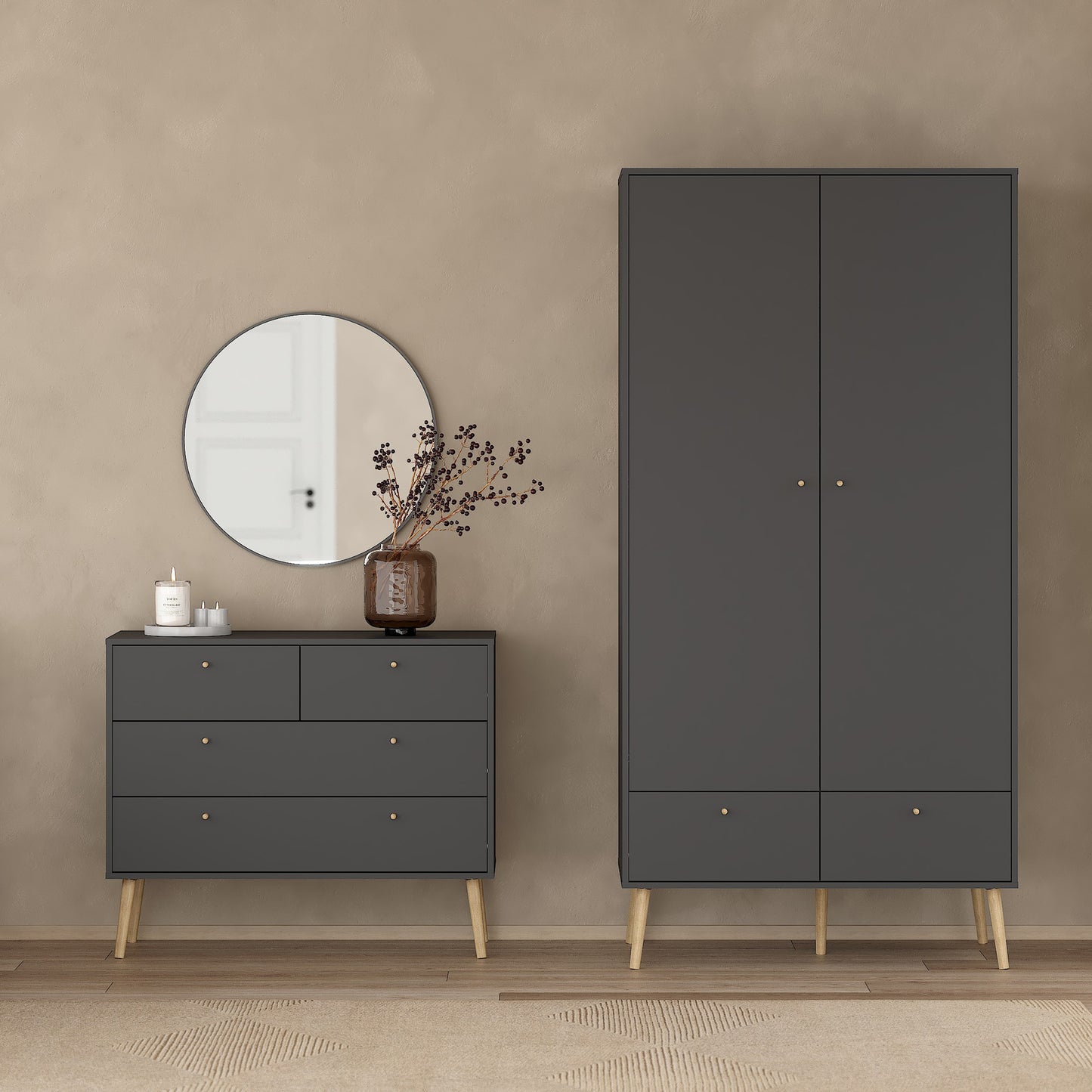 Cumbria Wardrobe with 2 Doors + 2 Drawers Dark Grey