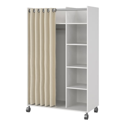 Uppsala Open Mobile Wardrobe Unit in White with a Beige Textile Curtain on Wheels