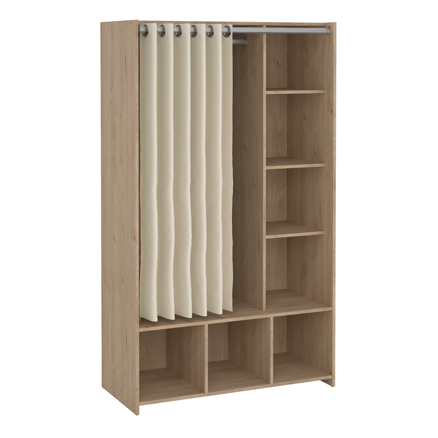 Uppsala Open Mobile Wardrobe Unit in Jackson Hickory Oak with a Beige Textile Curtain