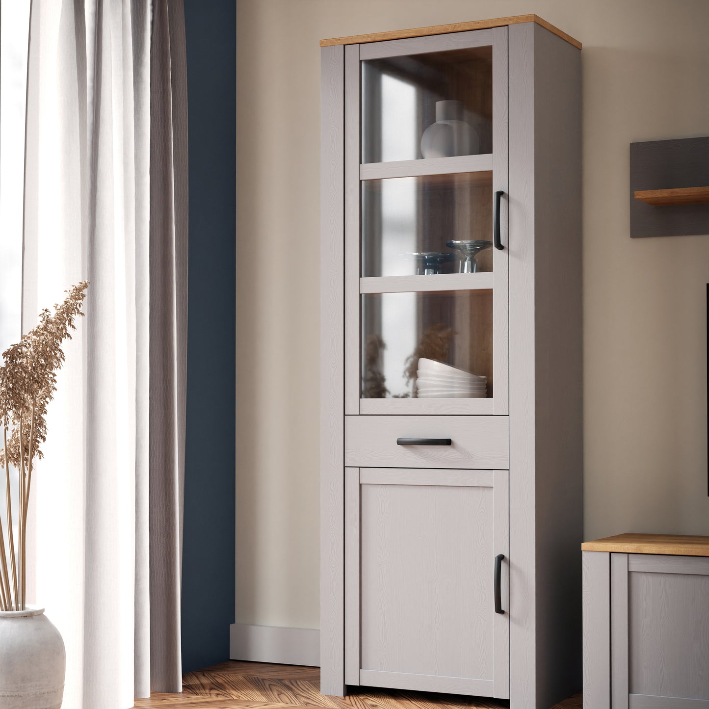 Bohol Narrow Display Cabinet in Riviera Oak/Grey Oak