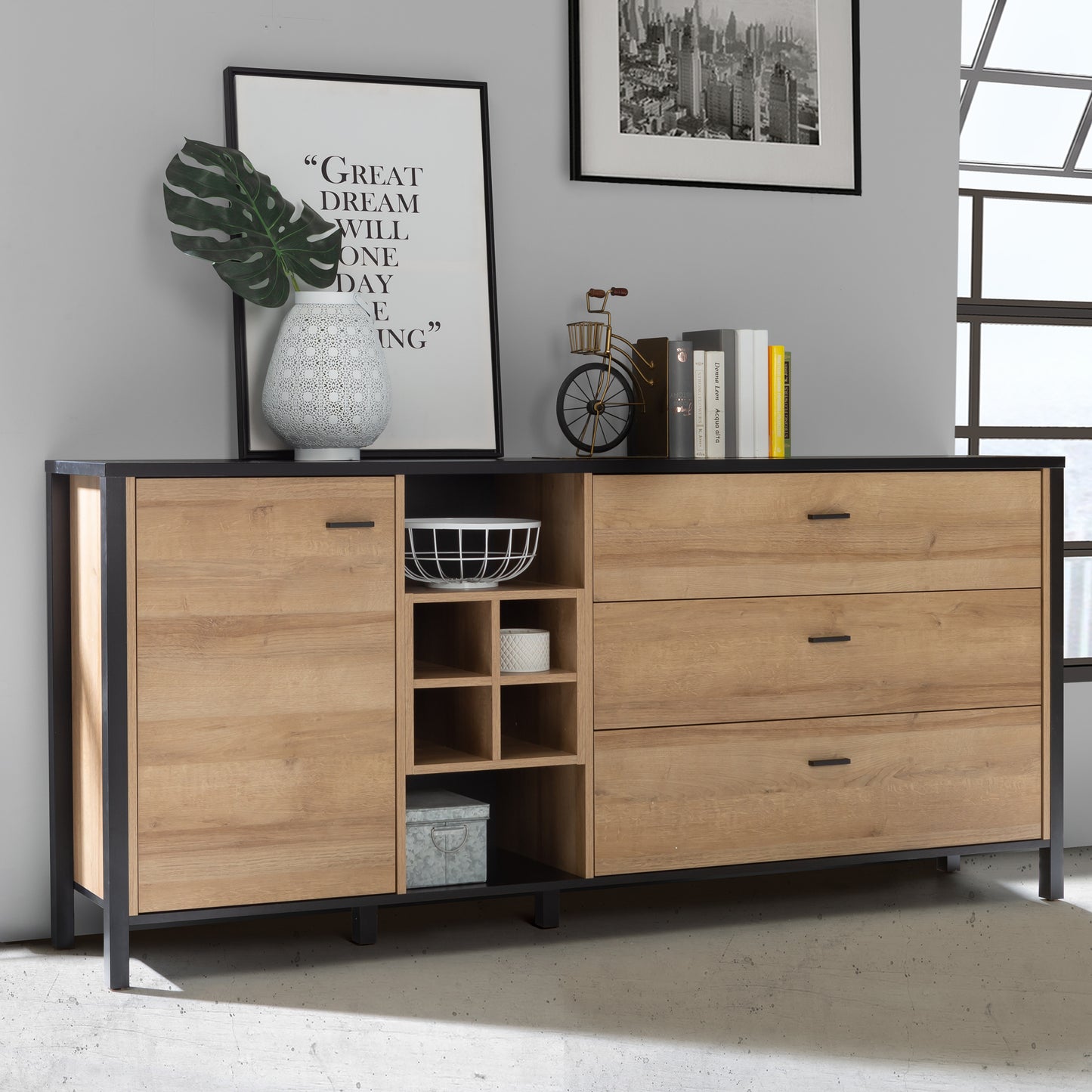 High Rock (Large) Sideboard in Matt Black/Riviera Oak