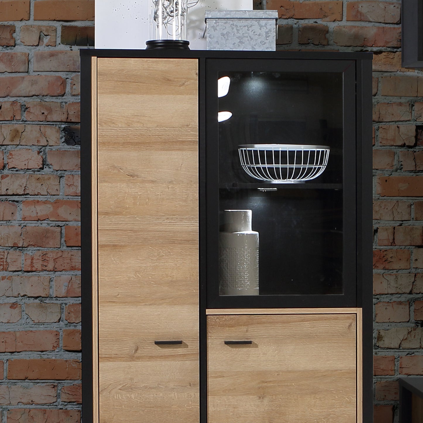 High Rock Small Display Cabinet in Matt Black/Riviera Oak