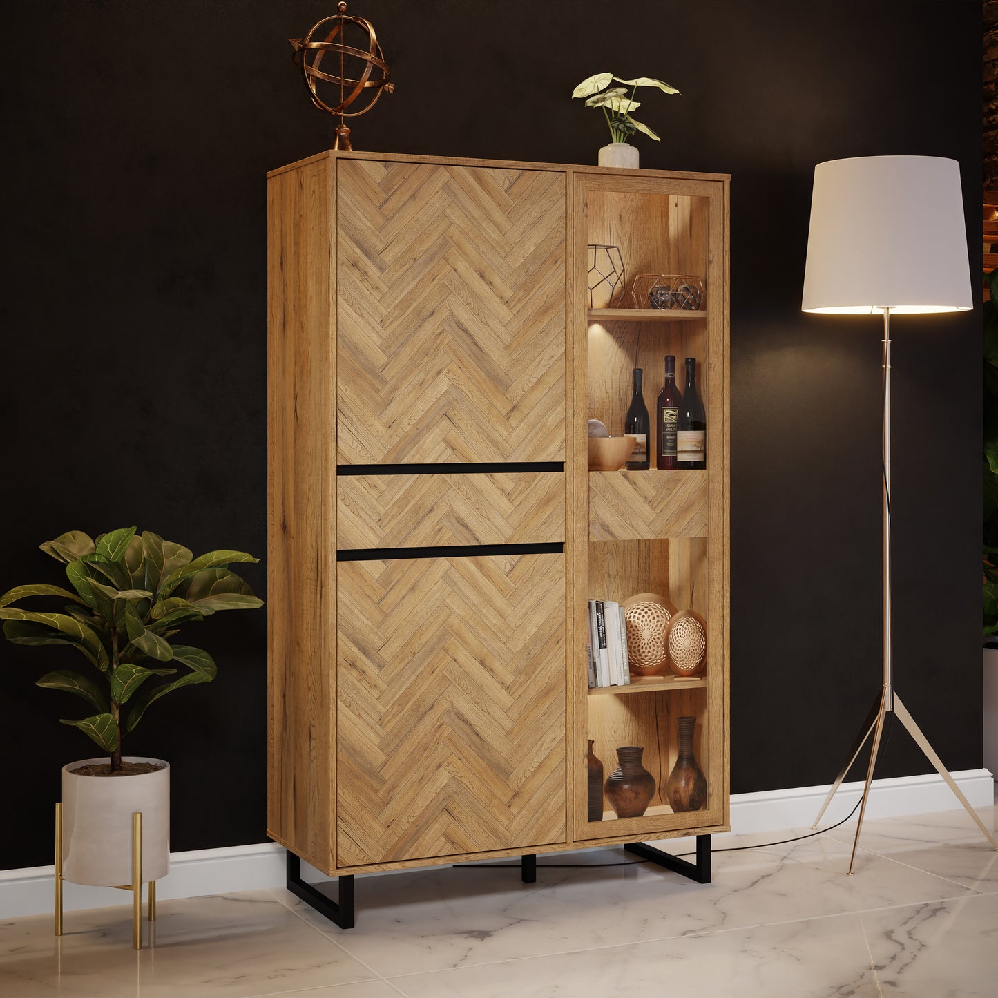 Nikomedes Display Cabinet in Spica Oak/Matt Black/Bartex Oak