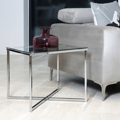 Cross Square Metal Side Table with Glass Top