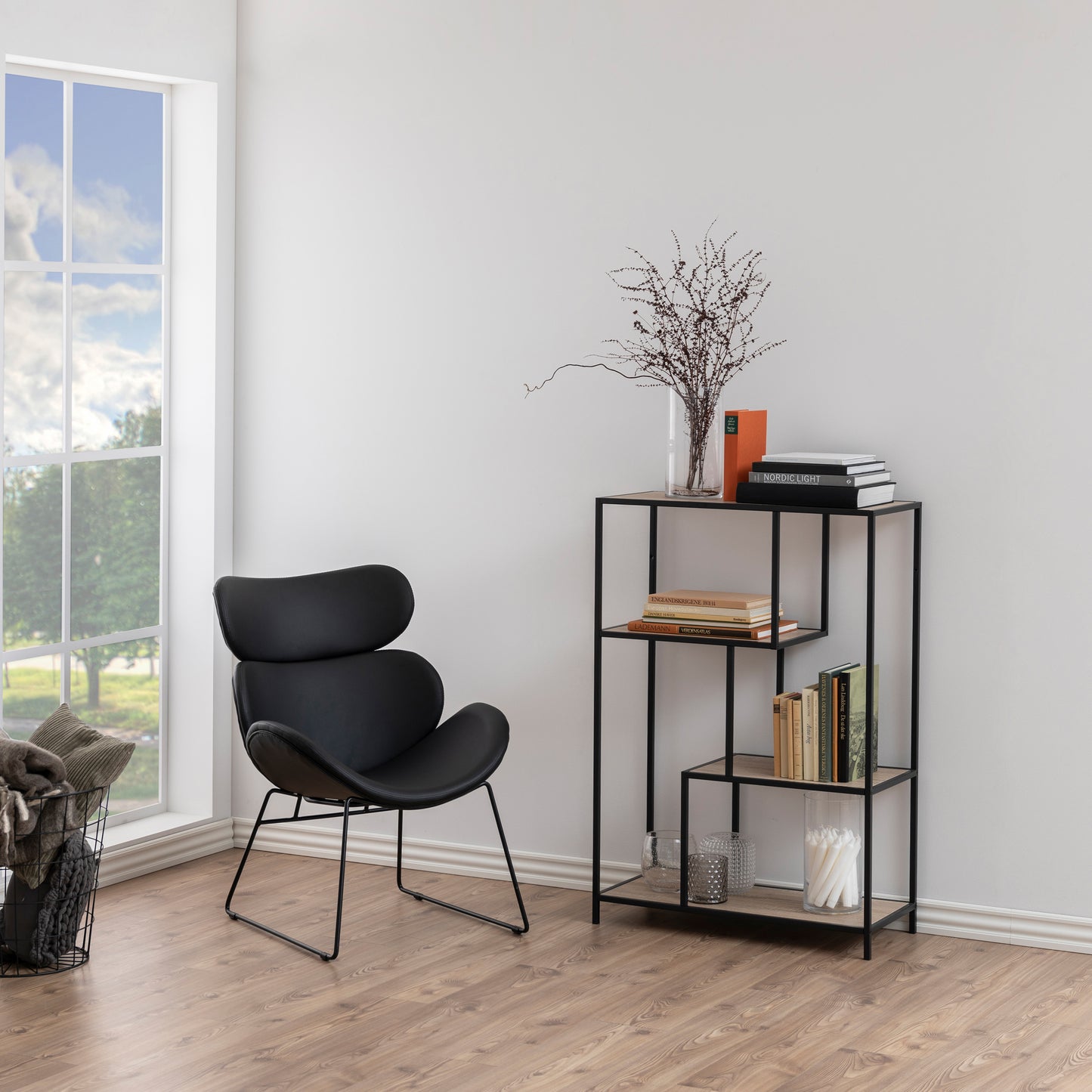 Seaford Black Metal Asymmetrical Bookcase with 3 Oak Shelves