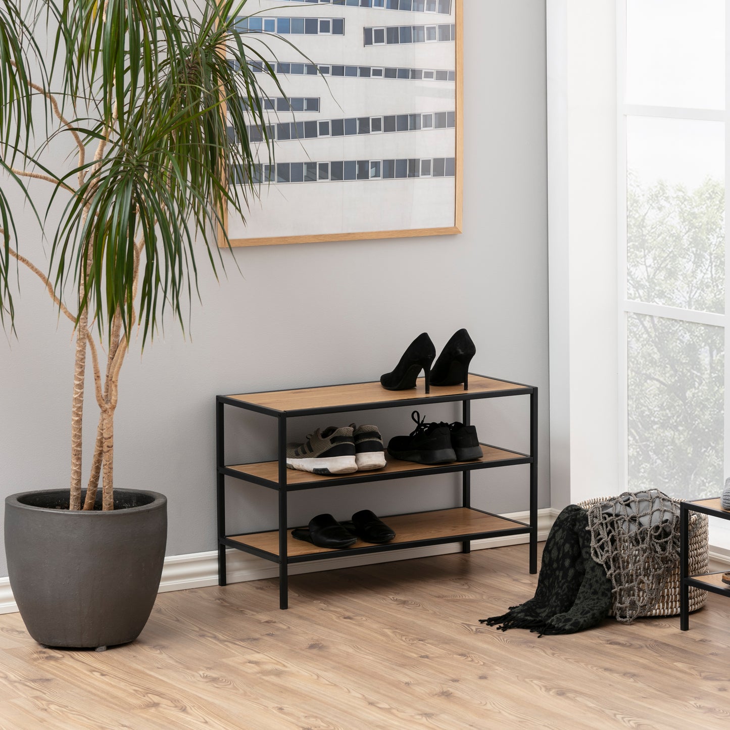 Seaford Black Metal Shoe Rack with 2 Oak Shelves