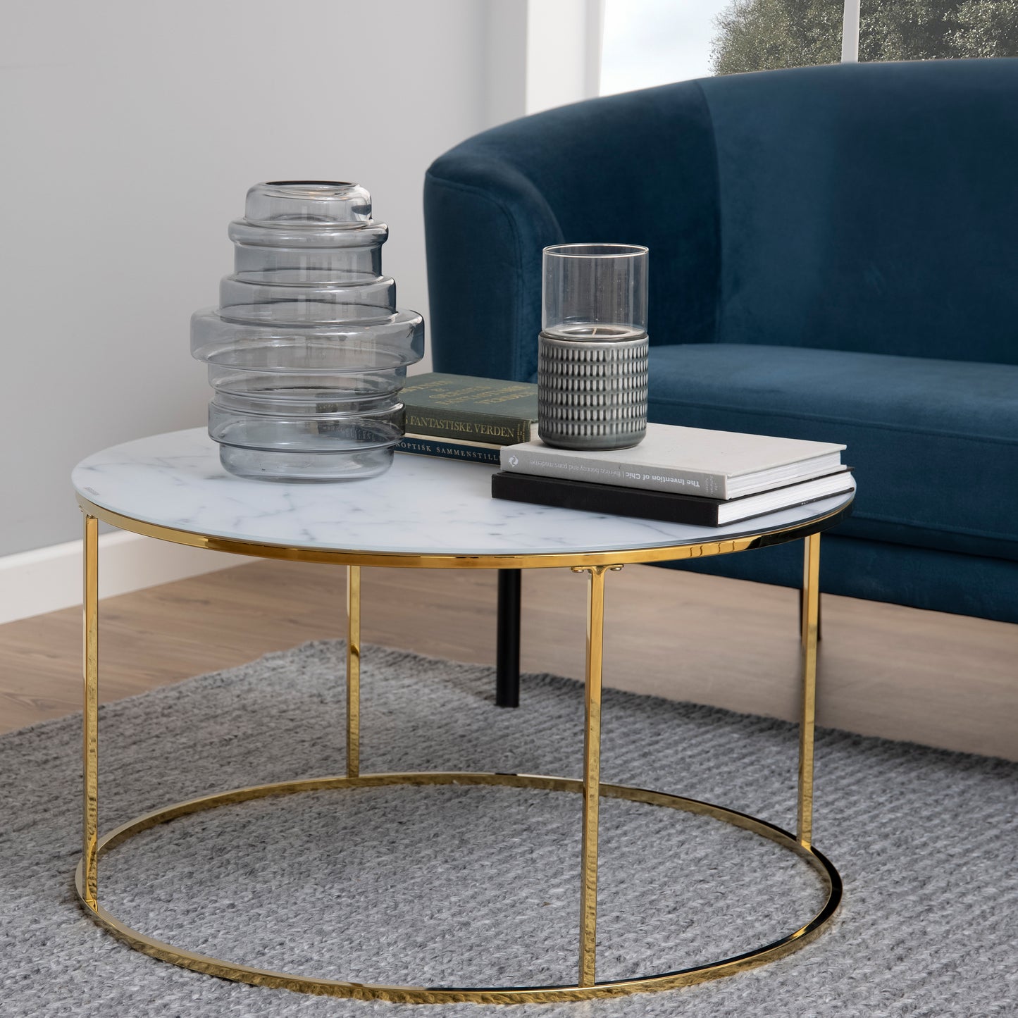 Bolton -A1 Round Coffee Table with White Marble Effect Top & Gold Base