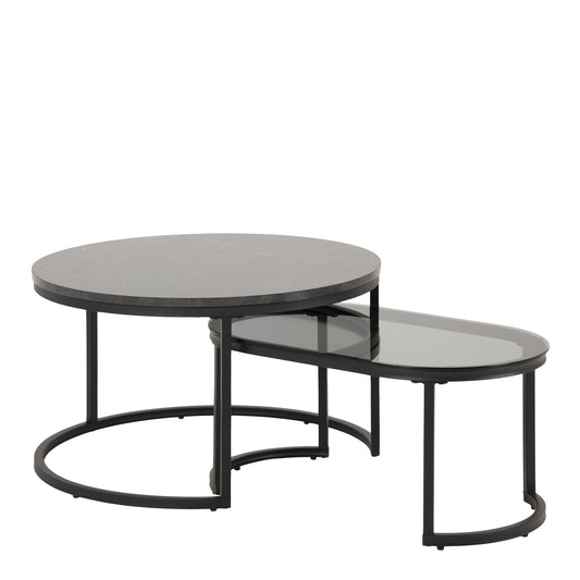 Spiro Round/Oval Coffee Table Set with Black Marble/Smoked Glass Top