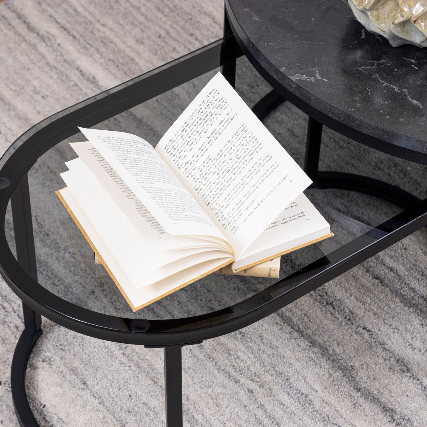 Spiro Round/Oval Coffee Table Set with Black Marble/Smoked Glass Top