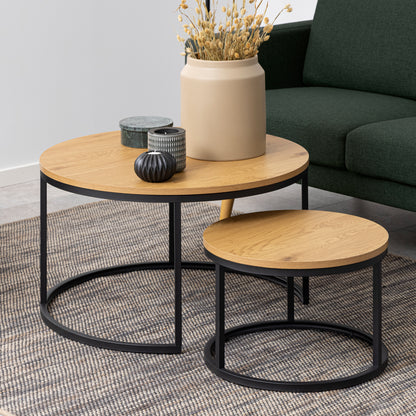 Spiro Round Coffee Table Set with Oak Top & Black Legs