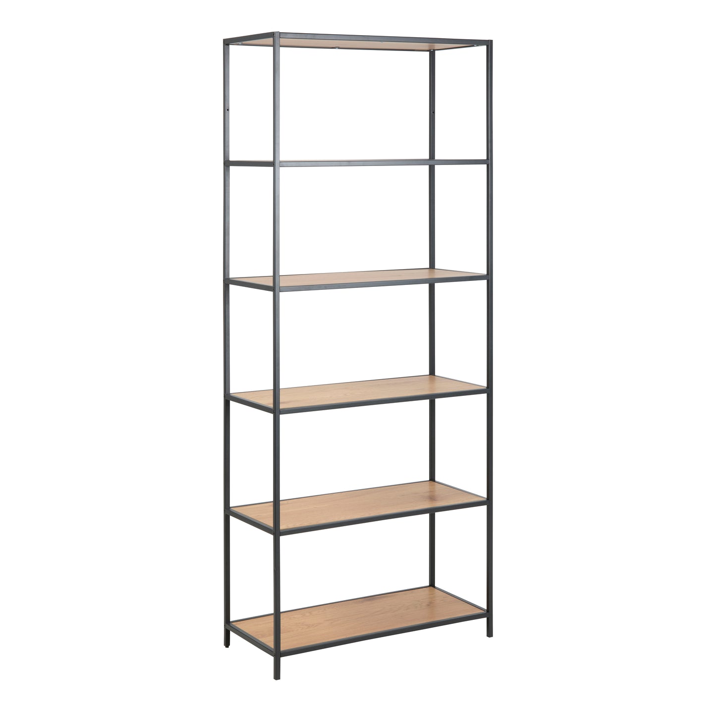 Seaford Tall Black Metal Bookcase with 5 Shelves in Oak