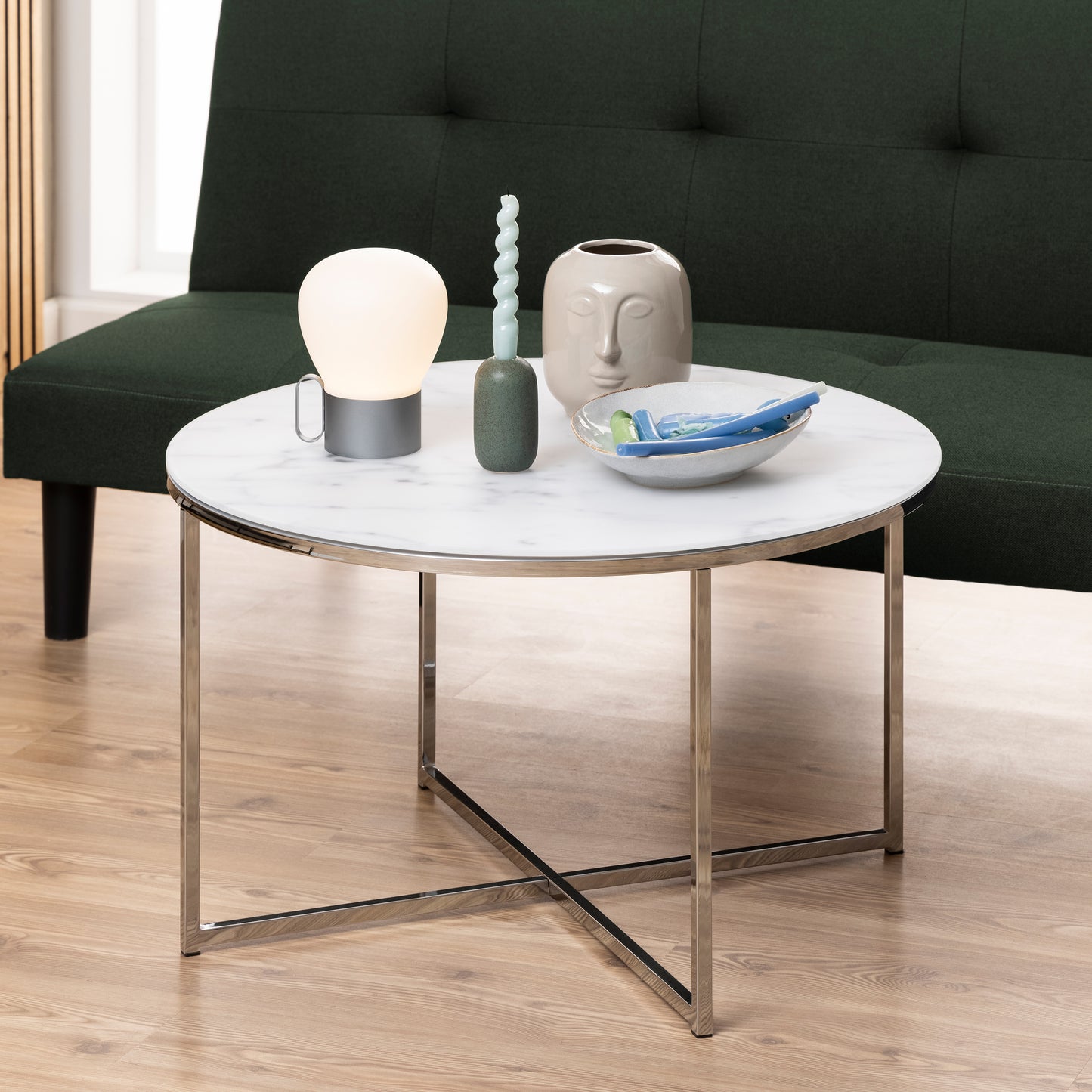 Alisma Round Coffee Table with White Marble Top & Silver Legs