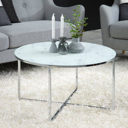 Alisma Round Coffee Table with White Marble Top & Silver Legs