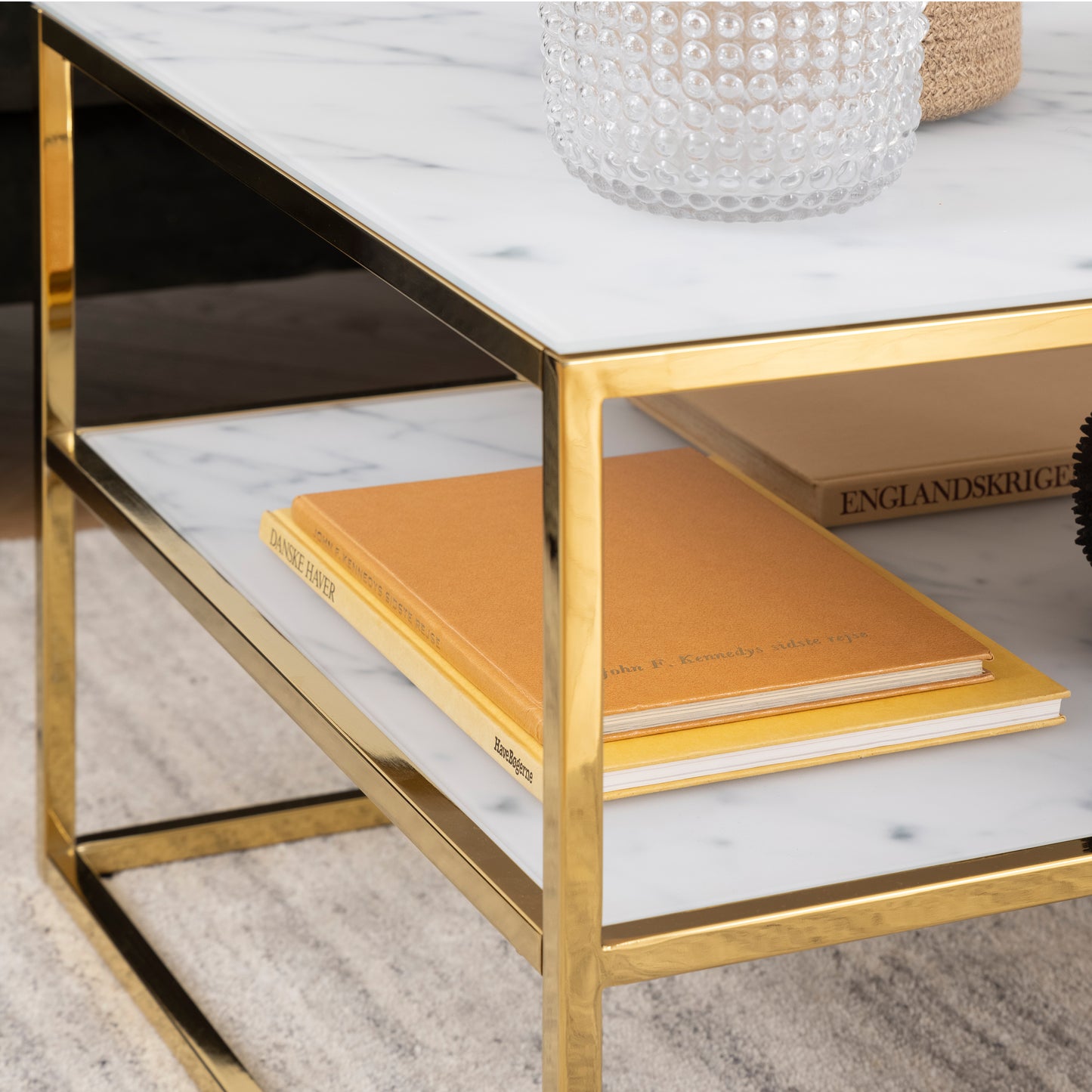 Alisma Open Shelf Coffee Table with White Marble Effect & Gold Legs