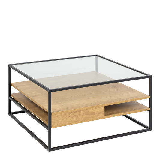 Randolf Square Coffee Table with 2 Shelves in Black and Oak