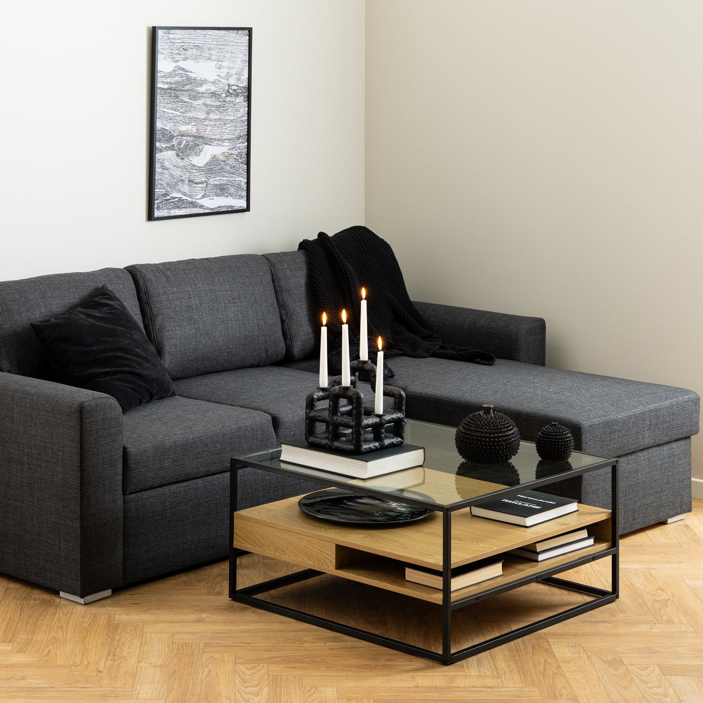 Randolf Square Coffee Table with 2 Shelves in Black and Oak