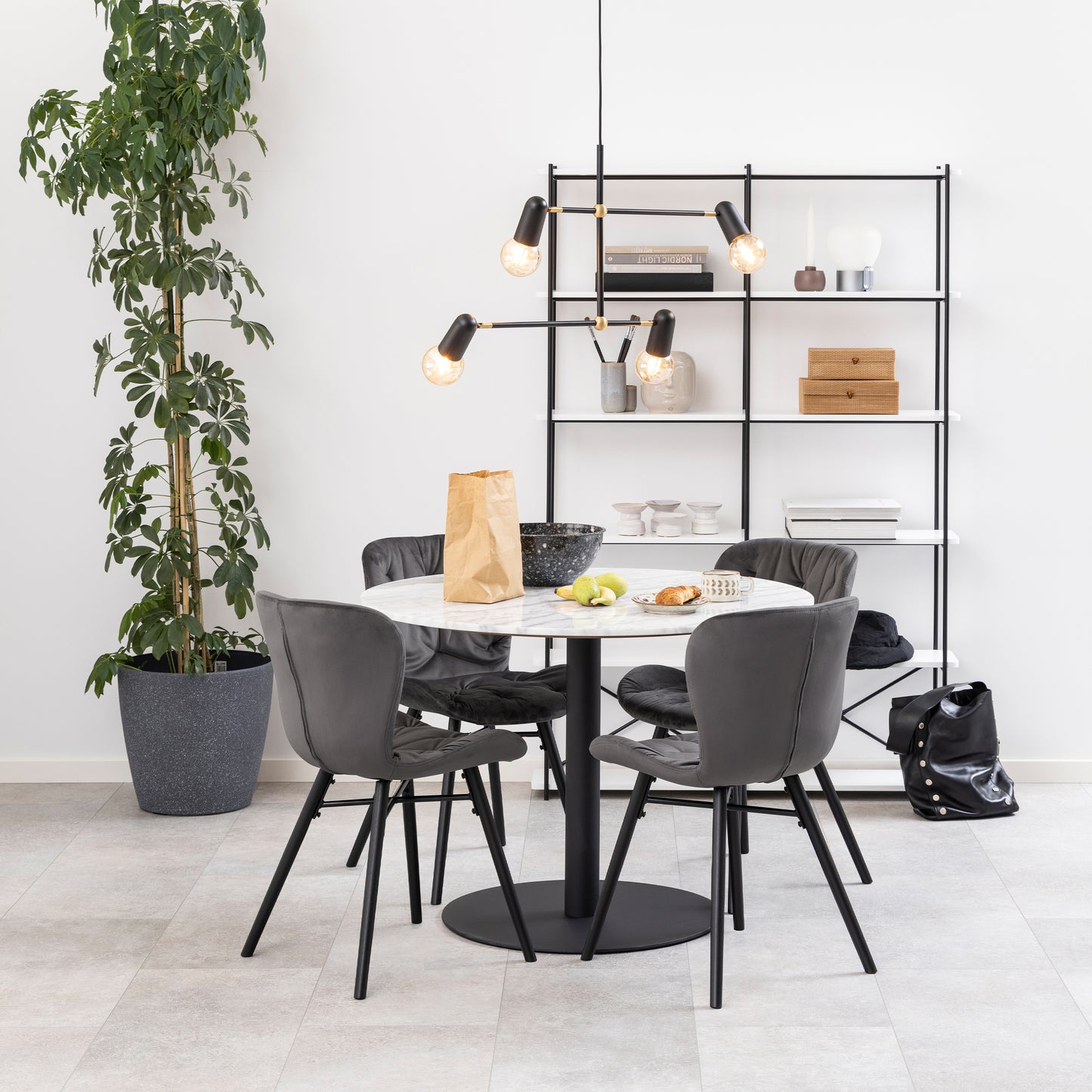 Corby Round Dining Table with White Marble Effect Top & Black Base