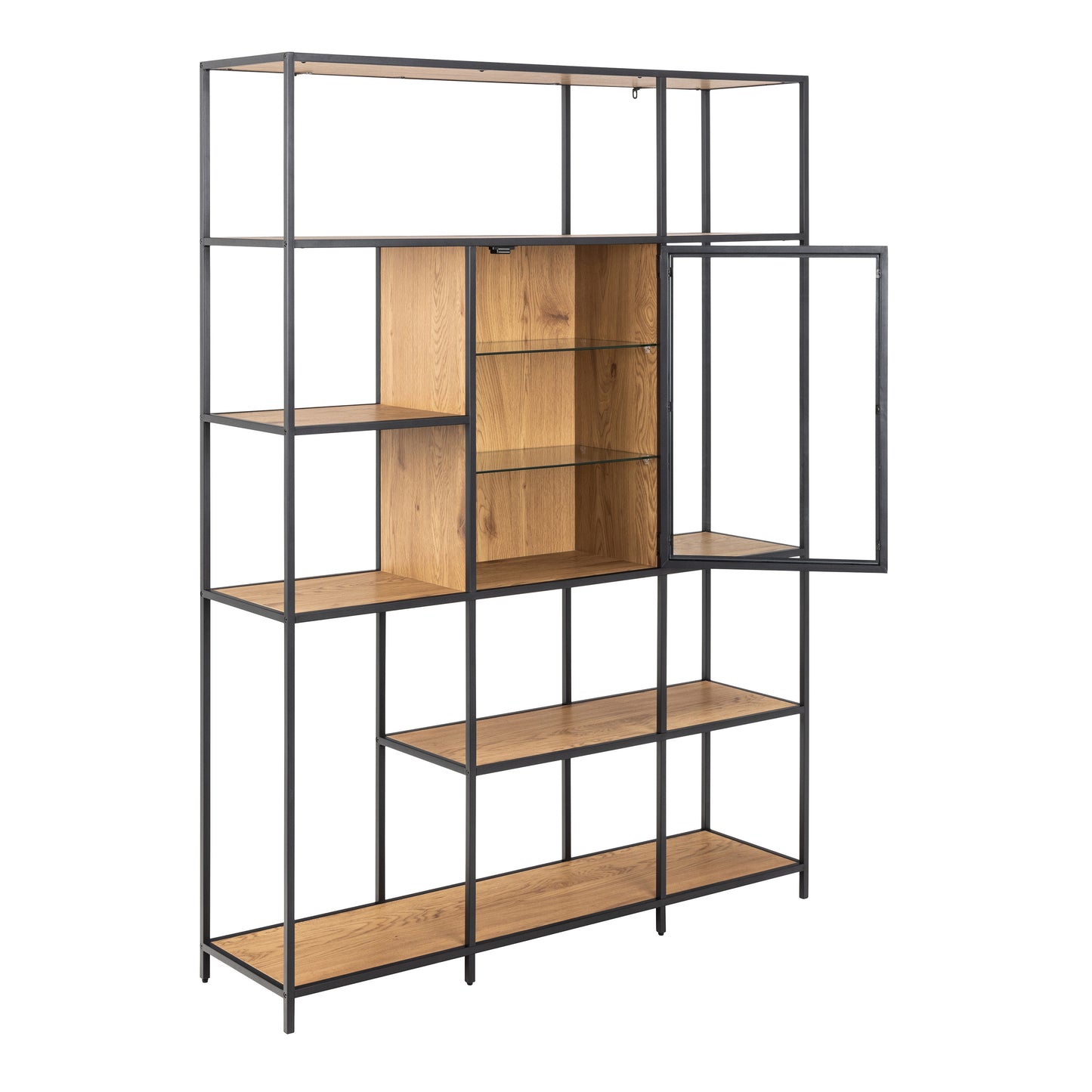 Seaford Bookcase with 7 Shelves and Glass Front Display in Black and Oak