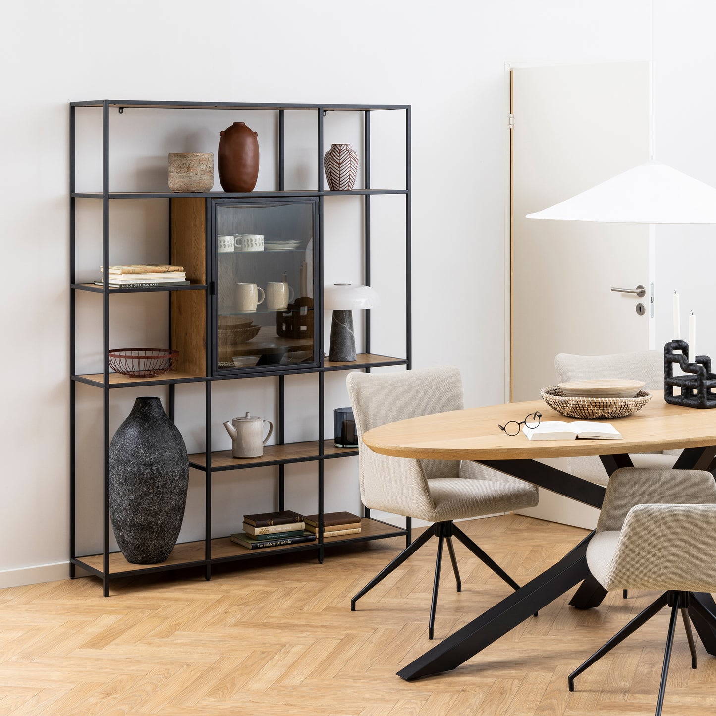 Seaford Bookcase with 7 Shelves and Glass Front Display in Black and Oak