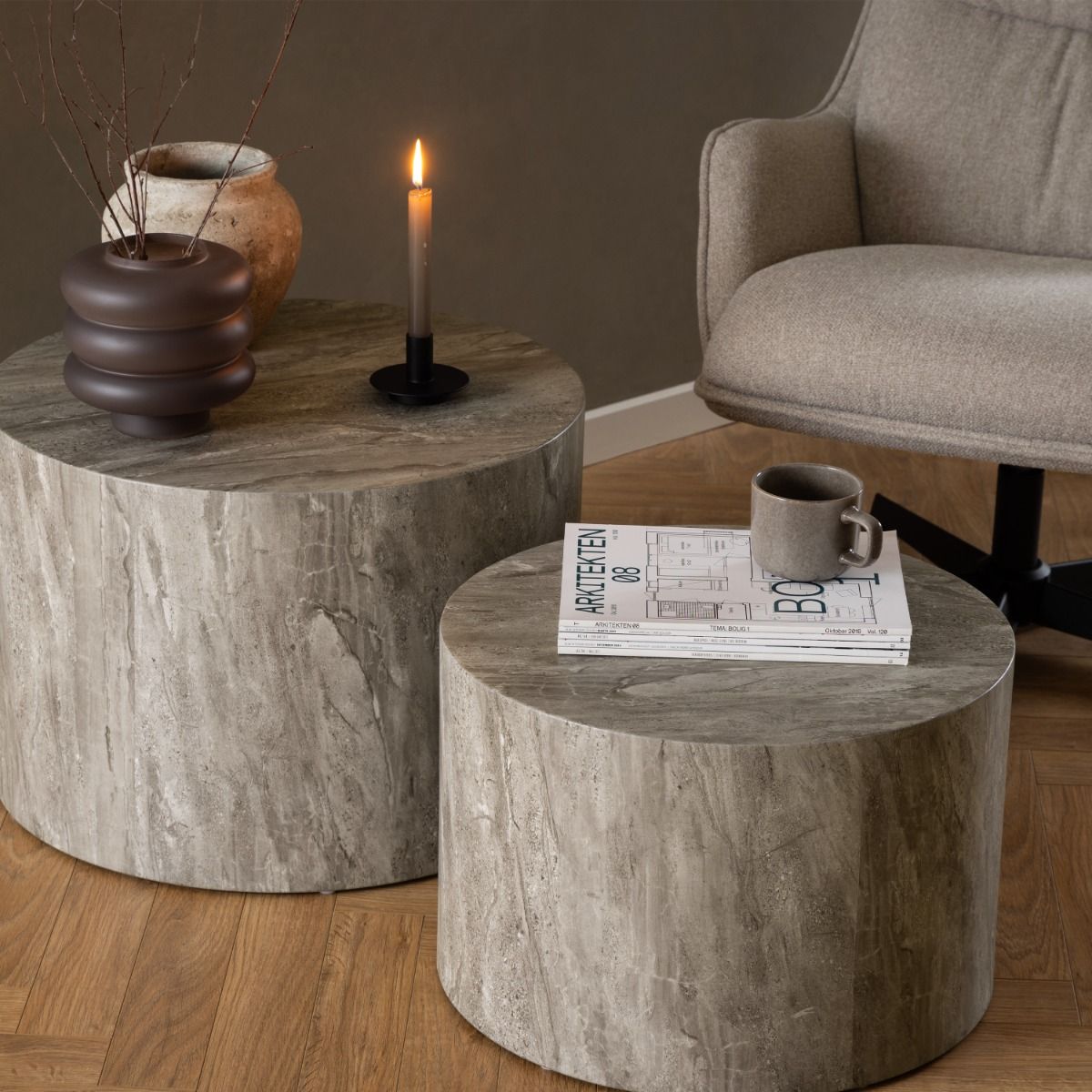 Dice Round Coffee Table Set in Grey Marble Effect